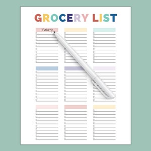 May include: A white grocery list with the words "GROCERY LIST" in colorful letters. The list is divided into sections with colored headers and checkboxes. A white pen rests on the list, pointing to the "Bakery" section.