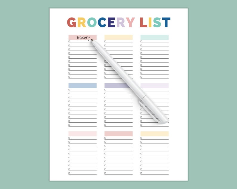 May include: A white grocery list with the words "GROCERY LIST" in colorful letters. The list is divided into sections with colored headers and checkboxes. A white pen rests on the list, pointing to the "Bakery" section.