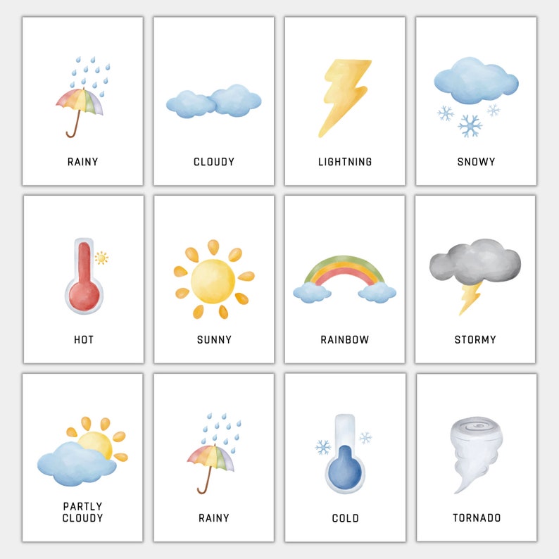 Printable Weather Cards, Preschool Flashcards, Montessori Materials, Kids Printable Weather