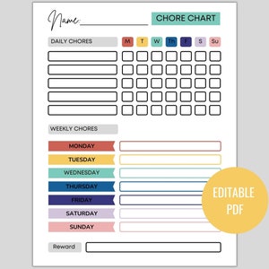 Weekly Daily Chore Chart for Kids Responsibility Chart Homeschool My Responsibilities Personalized Planner Printable Editable PDF
