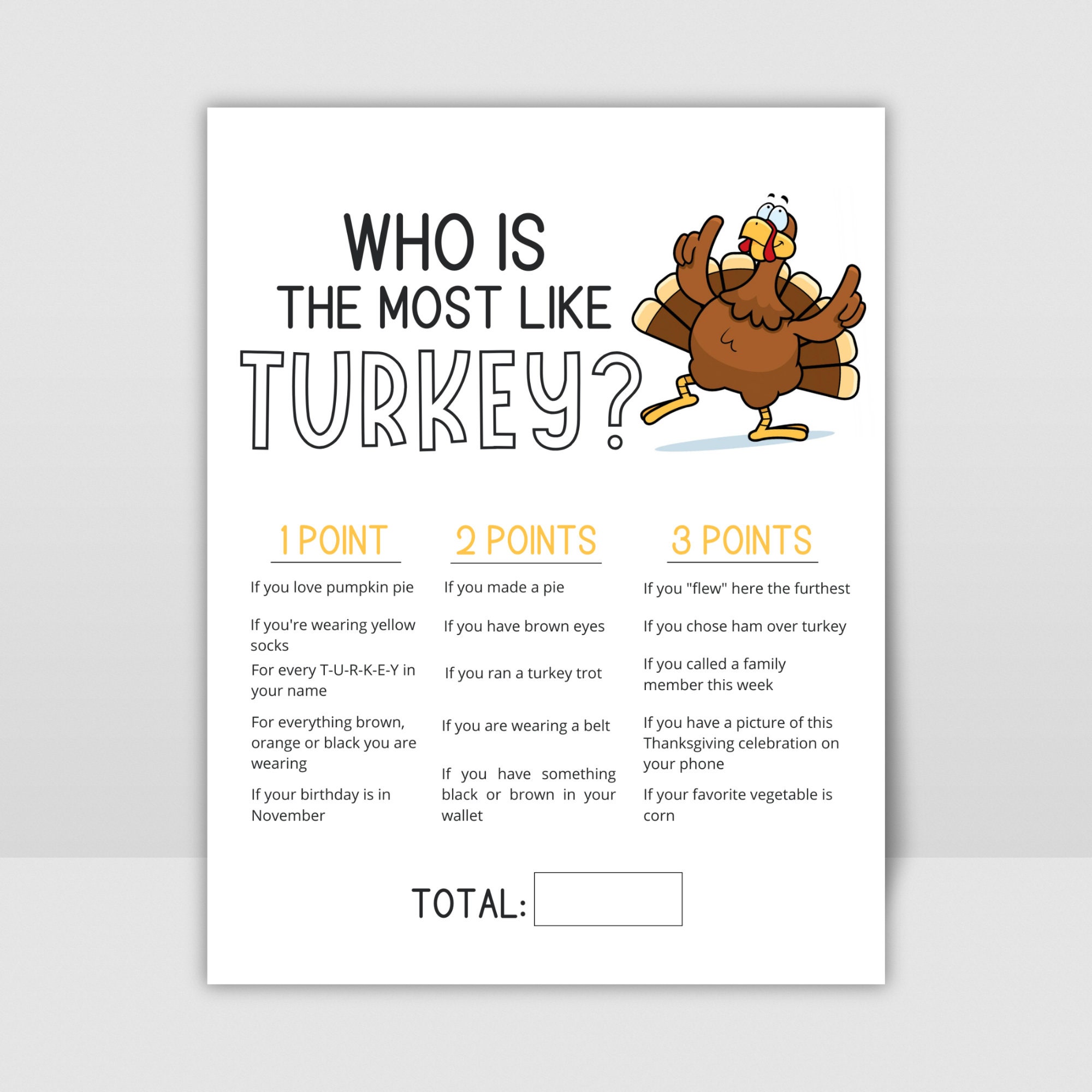 printable thanksgiving game, who is most like the turkey, family