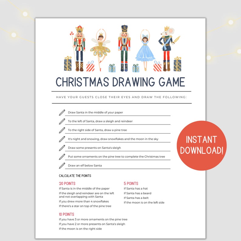 Printable Christmas Drawing Game, Office Holiday Party Game, Christmas