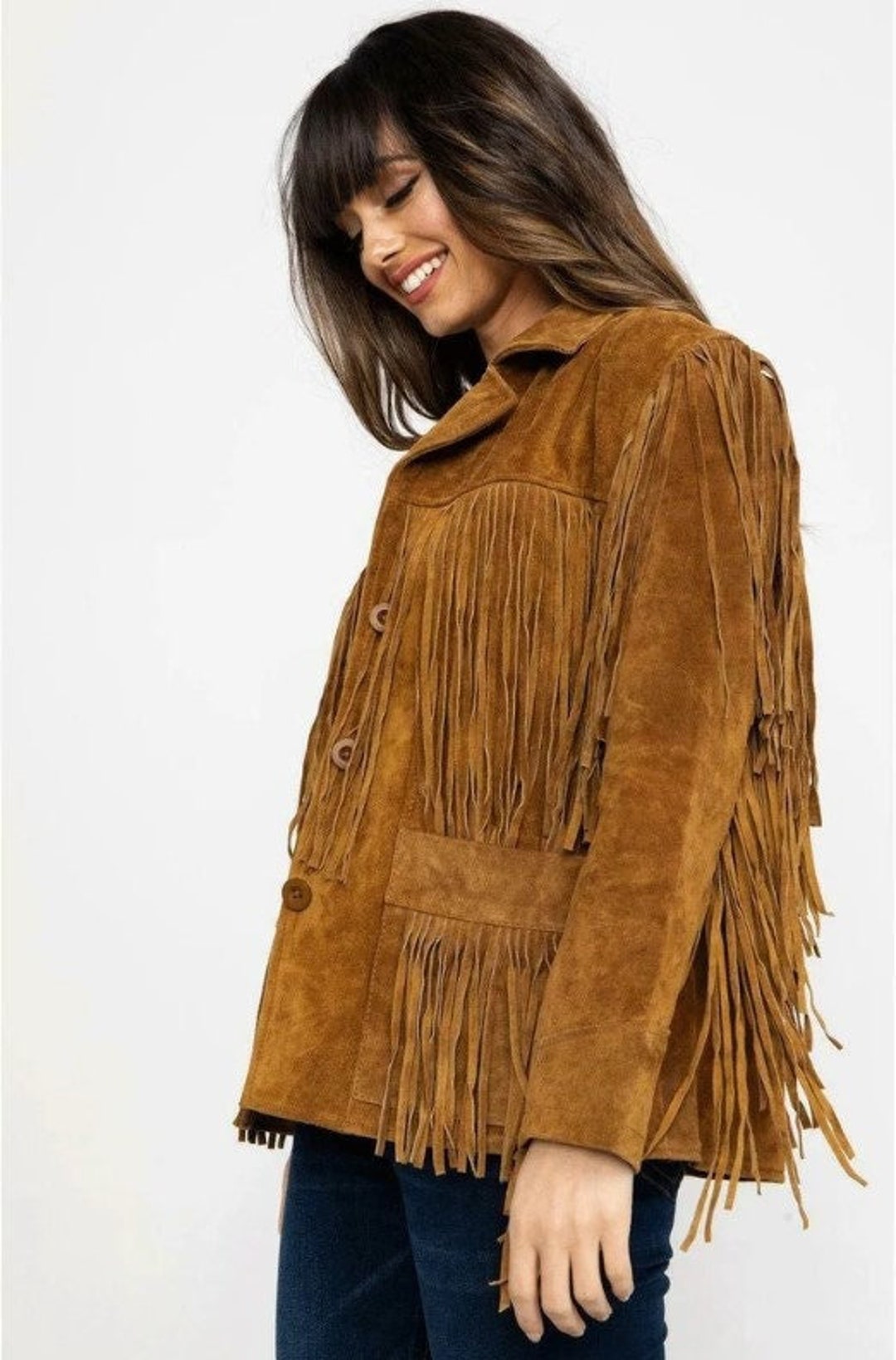 Women's Vintage Fringe Leather Jacket Brown Suede Leather - Etsy