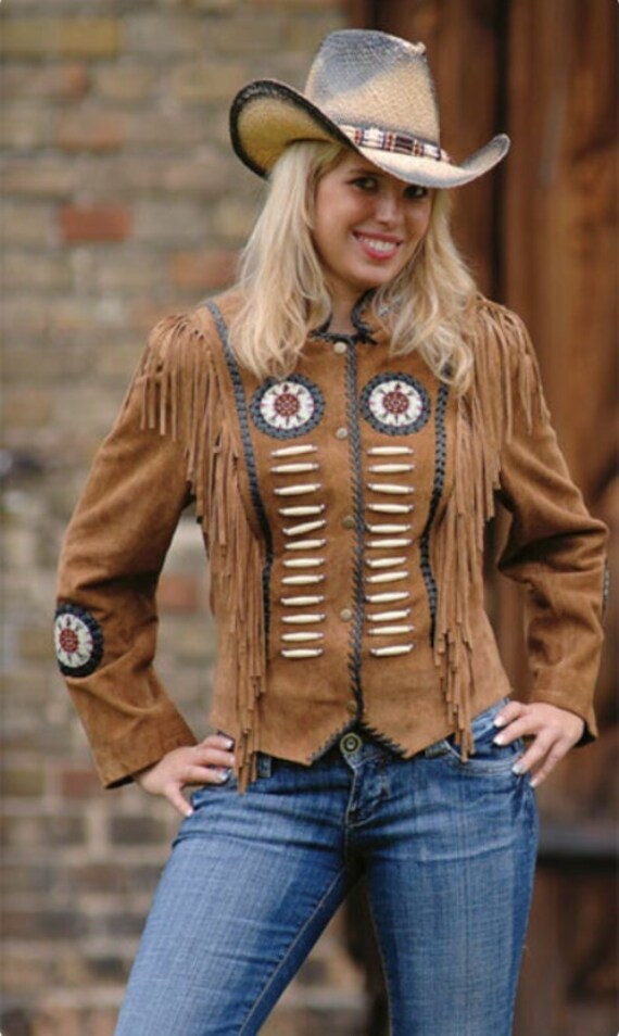 Women Vintage Tan Brown Suede Leather Jacket Ladies Native Fringe Western Wear Coat - Gifts For Her