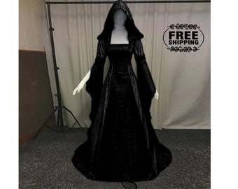 Medieval Renaissance Dress, Vintage Victorian Goth Dress, Halloween Regency Ball Gown, Fantasy Gothic Dress, Witch Hooded Cosplay Costume