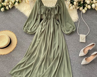 Cottage core Dress, Autumn Milkmaid Daisy Sage Dress, Women Wedding Guest Dress, Vintage Fairy Romantic Y2K Prom Dress, Renaissance dress