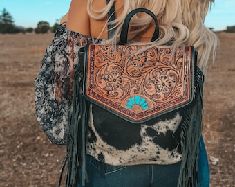 Ace High Bonnie a Haute Southern Hyde by Beth Marie Tooled Fringe Cowhide Backpack