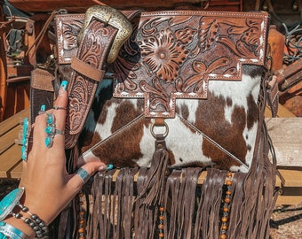 Haute Southern Hyde x Beth Marie The Lancaster Tooled Leather and Cowhide Fringe Beaded Western Purse