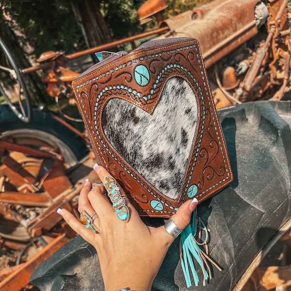 Cowhide Tooled Leather Western Wallet: Turquoise Heart, Haute Southern Hyde