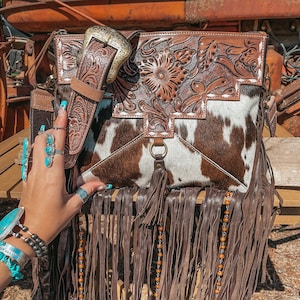 Haute Southern Hyde x Beth Marie The Lancaster Tooled Leather and Cowhide Fringe Beaded Western Purse image 1