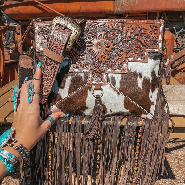 Haute Southern Hyde x Beth Marie The Lancaster Tooled Leather and Cowhide Fringe Beaded Western Purse