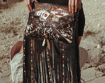 Cowboys and Rodeos a Haute Southern Hyde by Beth Marie Exclusive Cowhide Fringe Tooled Purse