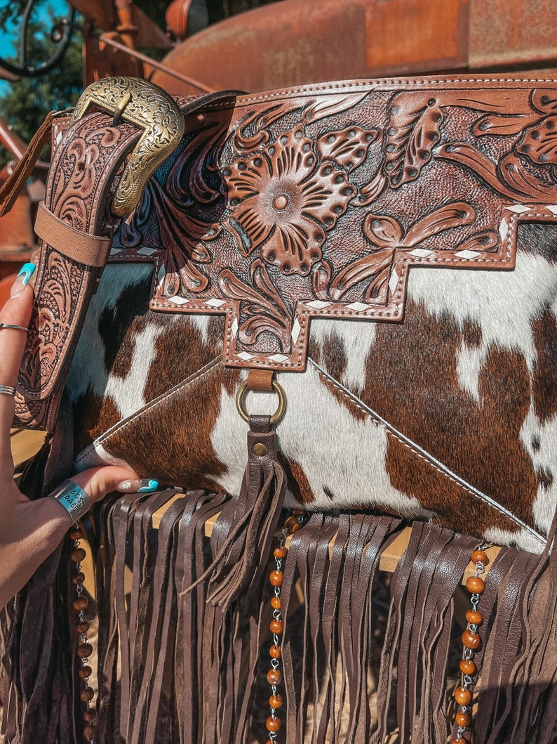 Haute Southern Hyde x Beth Marie The Lancaster Tooled Leather and Cowhide Fringe Beaded Western Purse image 3