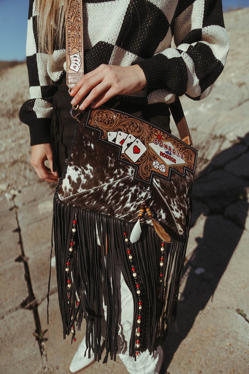 Cowboys and Rodeos a Haute Southern Hyde by Beth Marie Exclusive Cowhide Fringe Tooled Purse image 2