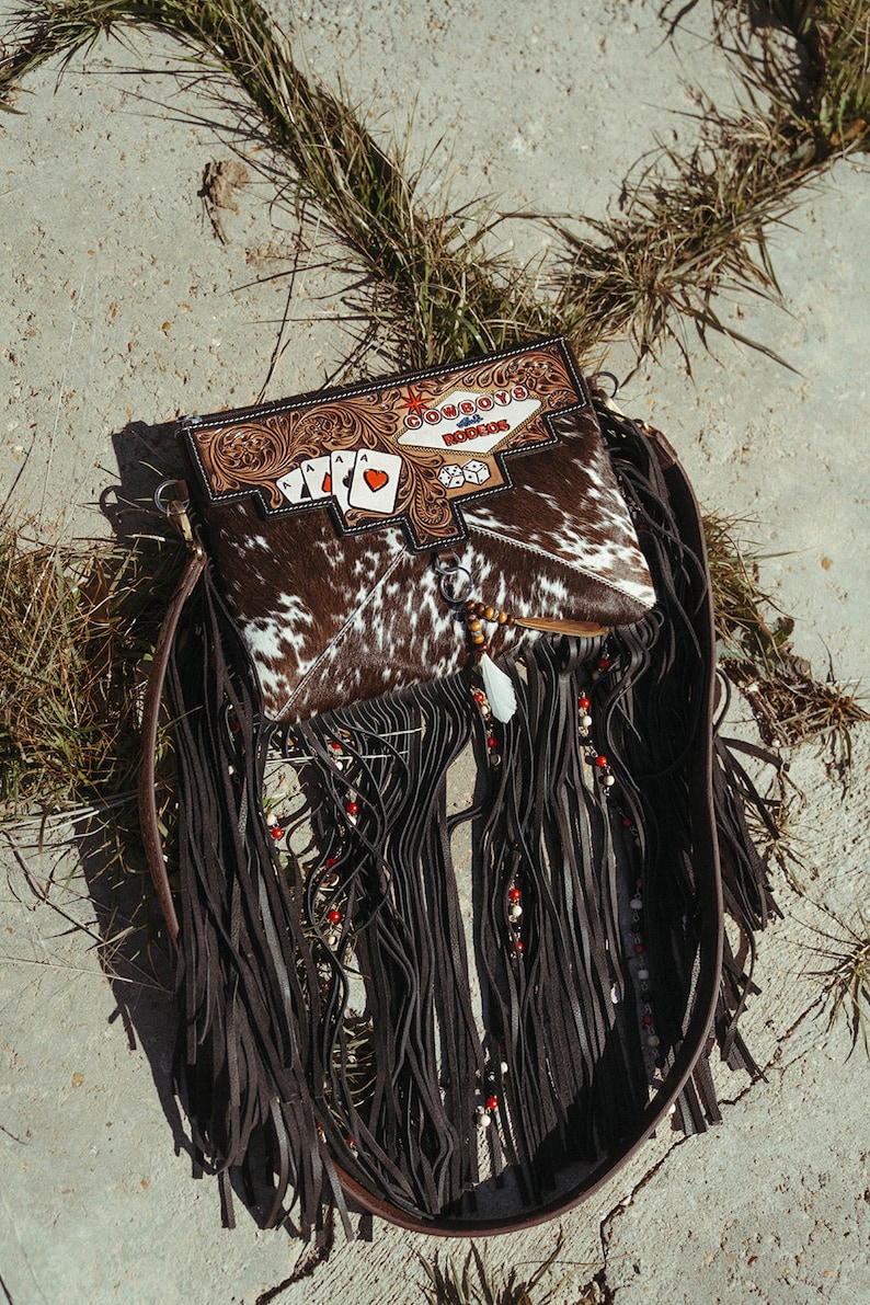 Cowboys and Rodeos a Haute Southern Hyde by Beth Marie Exclusive Cowhide Fringe Tooled Purse image 9