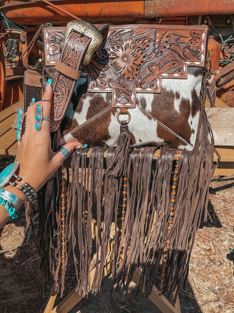 Haute Southern Hyde x Beth Marie The Lancaster Tooled Leather and Cowhide Fringe Beaded Western Purse image 1