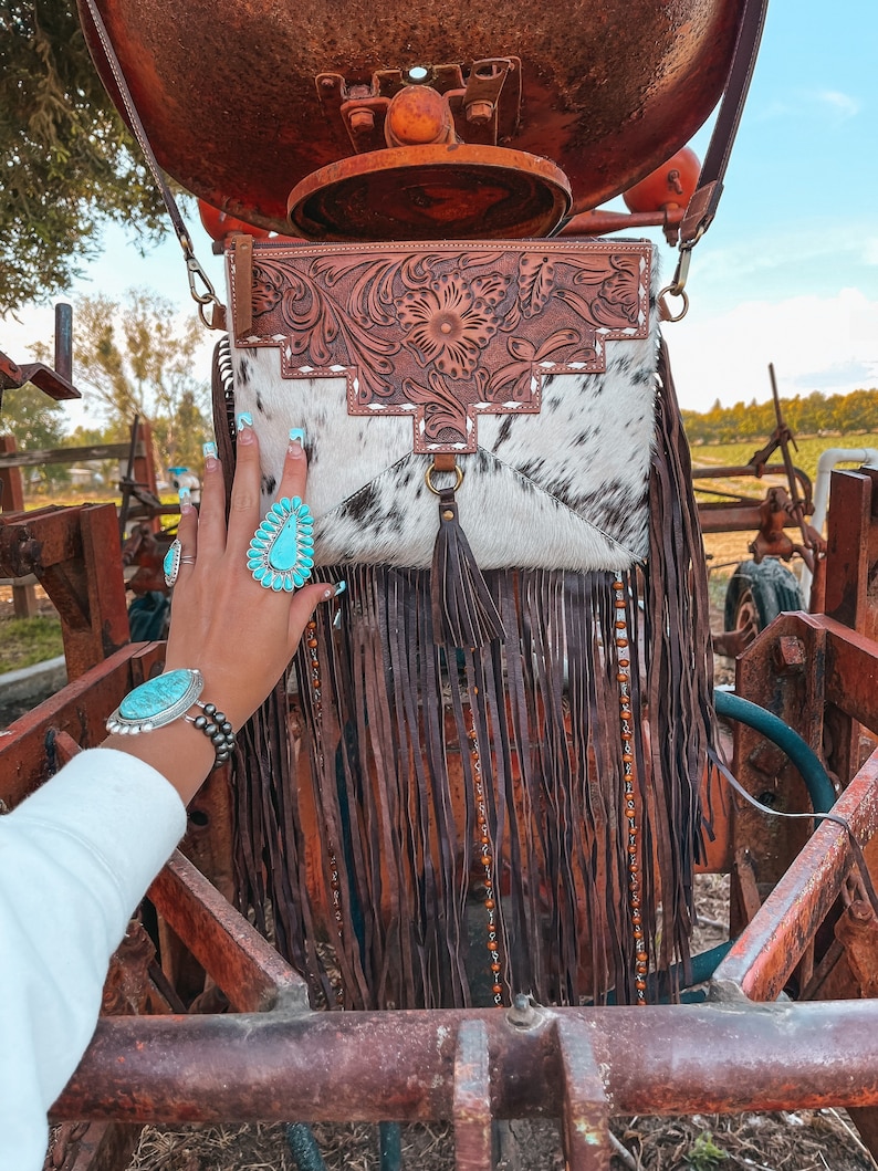 Haute Southern Hyde x Beth Marie The Lancaster Tooled Leather and Cowhide Fringe Beaded Western Purse image 9