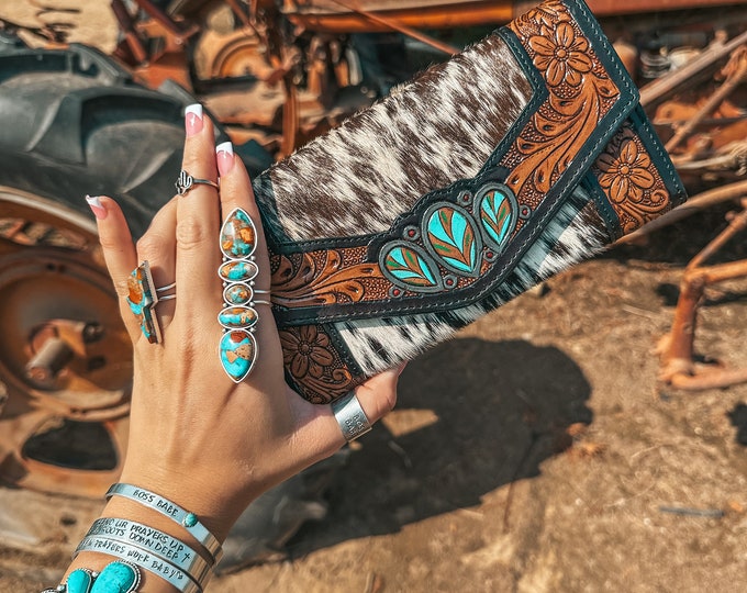 Turquoise Tooled Beauty Wallet a Haute Southern Hyde Exclusive Cowhide Western Wallet