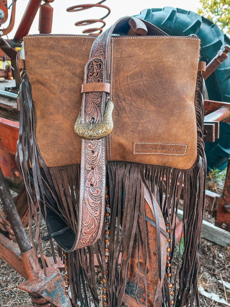Haute Southern Hyde x Beth Marie The Lancaster Tooled Leather and Cowhide Fringe Beaded Western Purse image 6