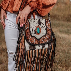 The Jessie Jane Fringe Haute Southern Hyde by Beth Marie Tooled Cowhide Purse Turquoise