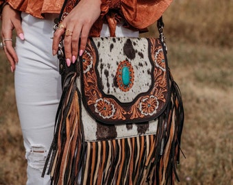 The Jessie Jane Fringe Haute Southern Hyde by Beth Marie Tooled Cowhide Purse Turquoise