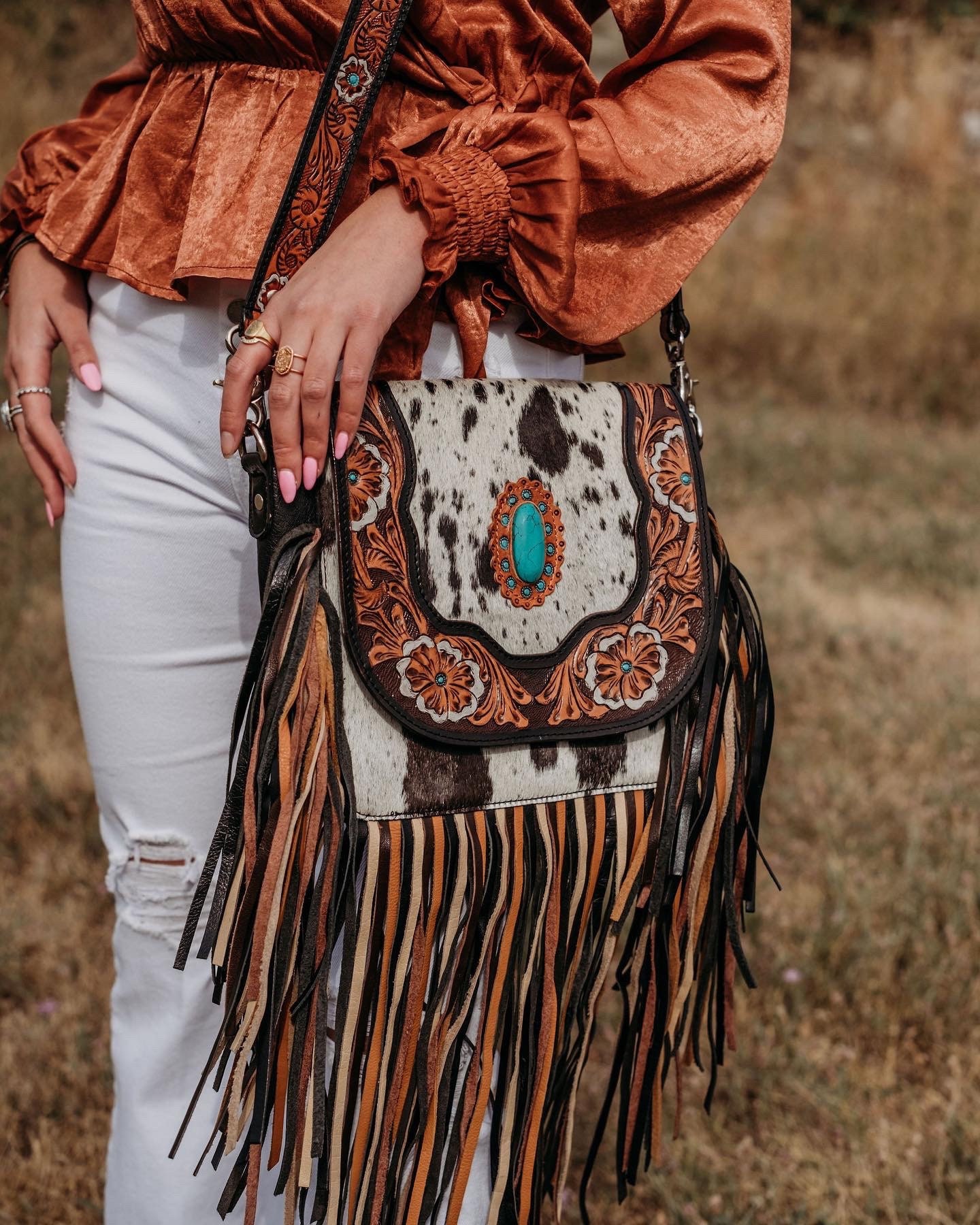 Western Fringe Leather Hide Zebra Print Studded Brown Crossbody Purse Bag  Rodeo | eBay