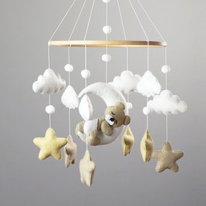 Baby Mobile with Sleeping Bear, Baby Bear Mobile, Moon Stars Baby Mobile, Baby mobile neutral, Crib stars clouds Mobile,Felt hanging mobile