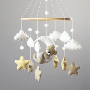 Baby Mobile with Sleeping Bear, Baby Bear Mobile, Moon Stars Baby Mobile, Baby mobile neutral, Crib stars clouds Mobile,Felt hanging mobile image 1