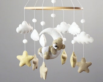 Baby Mobile with Sleeping Bear, Baby Bear Mobile, Moon Stars Baby Mobile, Baby mobile neutral, Crib stars clouds Mobile,Felt hanging mobile