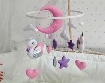 Swan mobile, Pink baby mobile, Girls nursery mobile, Girl crib baby mobile, Baby girl mobile,Pink and white felt mobile, Felt hanging mobile