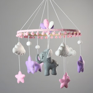 Elephant baby mobile, Baby Girl mobile, Crib stars elephant mobile, Balloons baby mobile, Felt Nursery Decor, Felt hanging mobile