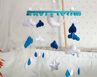 Boy mobile nursery, Baby boy mobile, Blue baby mobile, Cloud mobile, Boy crib baby mobile, Blue and white felt mobile, Felt hanging mobile