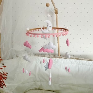 Baby girl mobile, Girl mobile nursery, Pink baby mobile, Cloud drops mobile, Girl crib baby mobile,Pink and white mobile,Felt hanging mobile