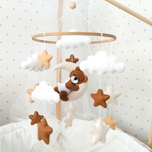 Baby Mobile with Sleeping Bear, Baby Bear Mobile, Boho Baby Mobile, Baby mobile neutral, Crib stars clouds Mobile, Felt hanging mobile