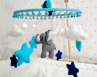 Elephant baby mobile, Balloons baby mobile, Baby Boy mobile, Clouds and stars mobile, Felt Nursery Decor, Felt hanging mobile