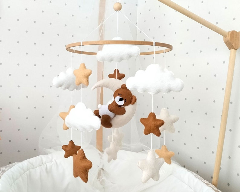 Baby Mobile with Sleeping Bear, Baby Bear Mobile, Boho Baby Mobile, Baby mobile neutral, Crib stars clouds Mobile, Felt hanging mobile zdjęcie 1