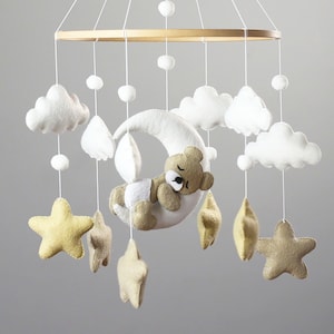 Baby Mobile with Sleeping Bear, Baby Bear Mobile, Moon Stars Baby Mobile, Baby mobile neutral, Crib stars clouds Mobile,Felt hanging mobile image 4