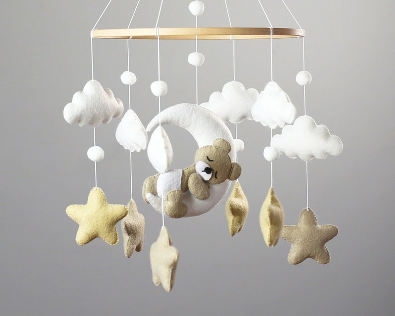 Baby Mobile with Sleeping Bear, Baby Bear Mobile, Moon Stars Baby Mobile, Baby mobile neutral, Crib stars clouds Mobile,Felt hanging mobile image 4