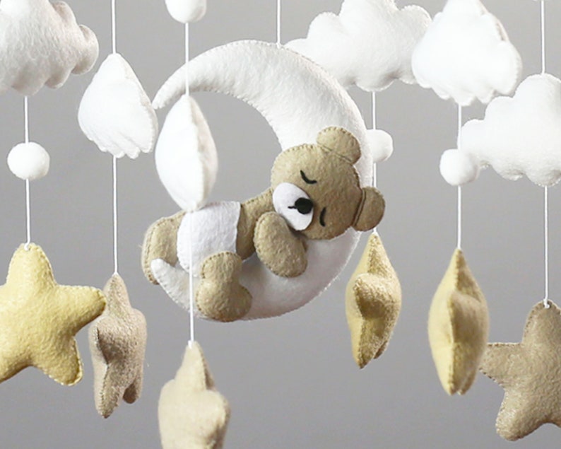 Baby Mobile with Sleeping Bear, Baby Bear Mobile, Moon Stars Baby Mobile, Baby mobile neutral, Crib stars clouds Mobile,Felt hanging mobile image 3