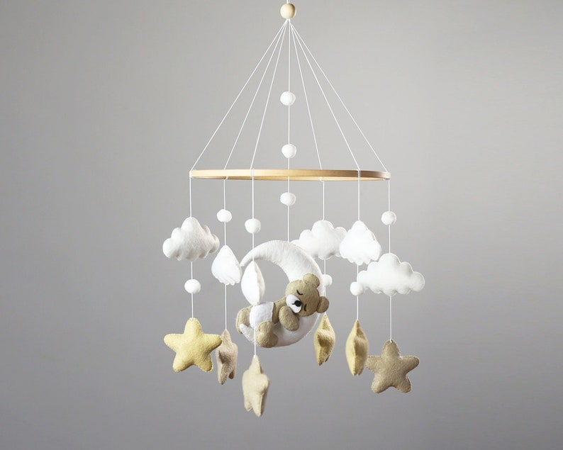 Baby Mobile with Sleeping Bear, Baby Bear Mobile, Moon Stars Baby Mobile, Baby mobile neutral, Crib stars clouds Mobile,Felt hanging mobile image 1