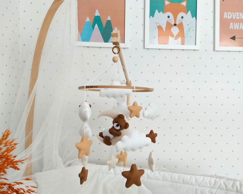 Baby Mobile with Sleeping Bear, Baby Bear Mobile, Boho Baby Mobile, Baby mobile neutral, Crib stars clouds Mobile, Felt hanging mobile zdjęcie 3