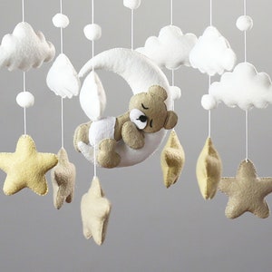 Baby Mobile with Sleeping Bear, Baby Bear Mobile, Moon Stars Baby Mobile, Baby mobile neutral, Crib stars clouds Mobile,Felt hanging mobile image 2