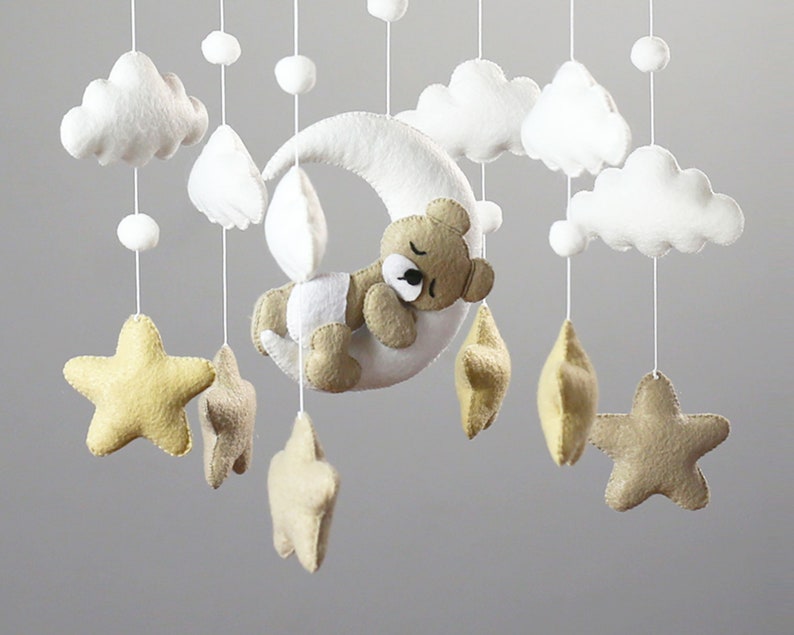 Baby Mobile with Sleeping Bear, Baby Bear Mobile, Moon Stars Baby Mobile, Baby mobile neutral, Crib stars clouds Mobile,Felt hanging mobile image 2