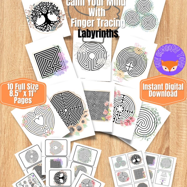 Labyrinth Finger Tracing Calming Cards, Floral Meditation Printable, Mindfulness Flash Cards, Calm Corner Maze, Calming Activity, Boho Art