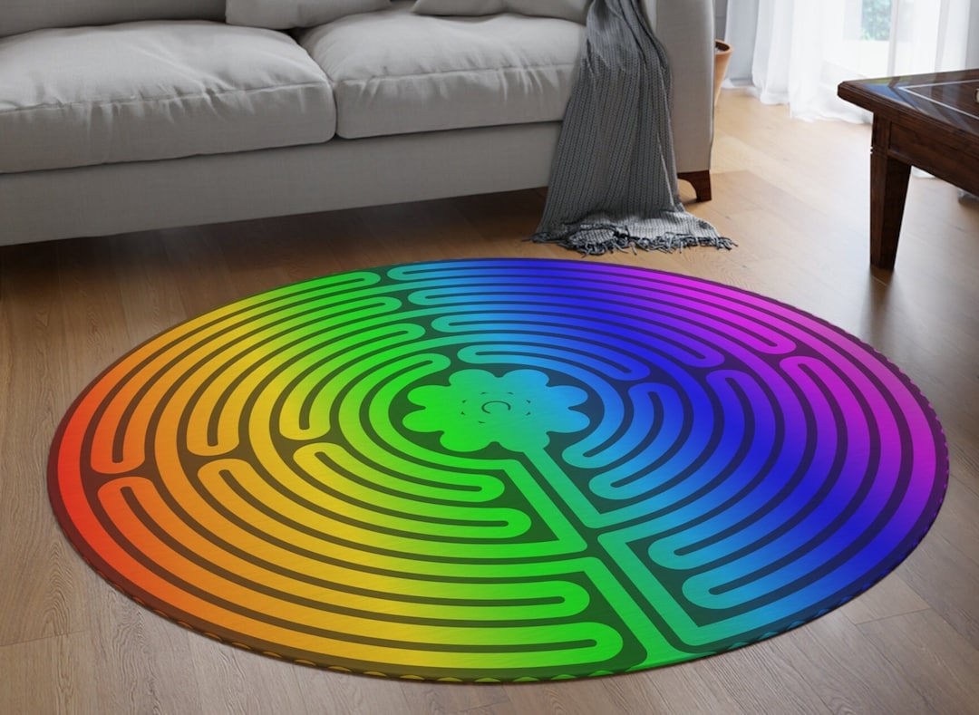 Rainbow Labyrinth Round Rug, Meditation Yoga Rug, Breathing Exercise ...