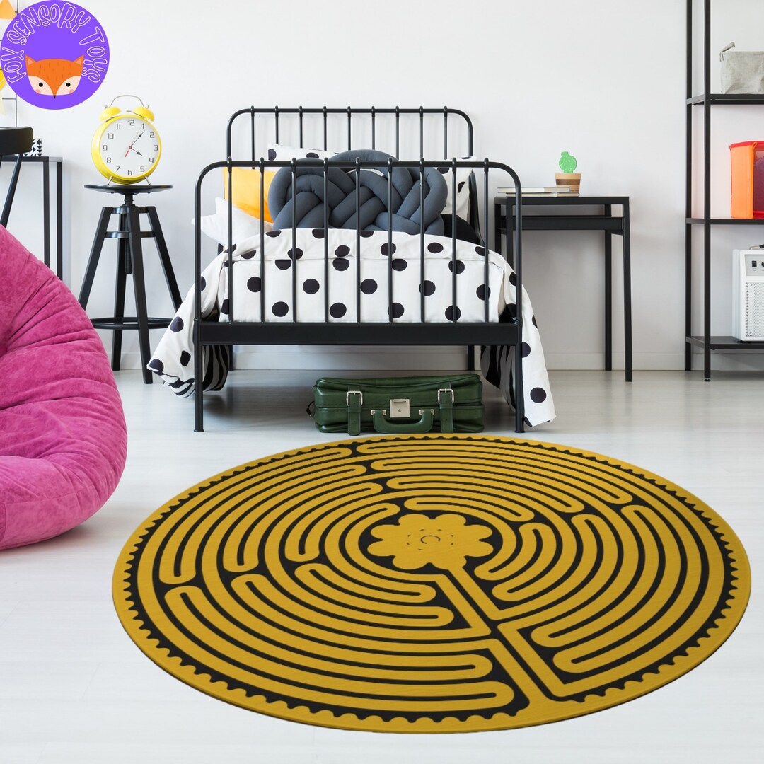 Yellow Labyrinth Round Rug, Meditation Yoga Rug, Breathing Exercise Rug