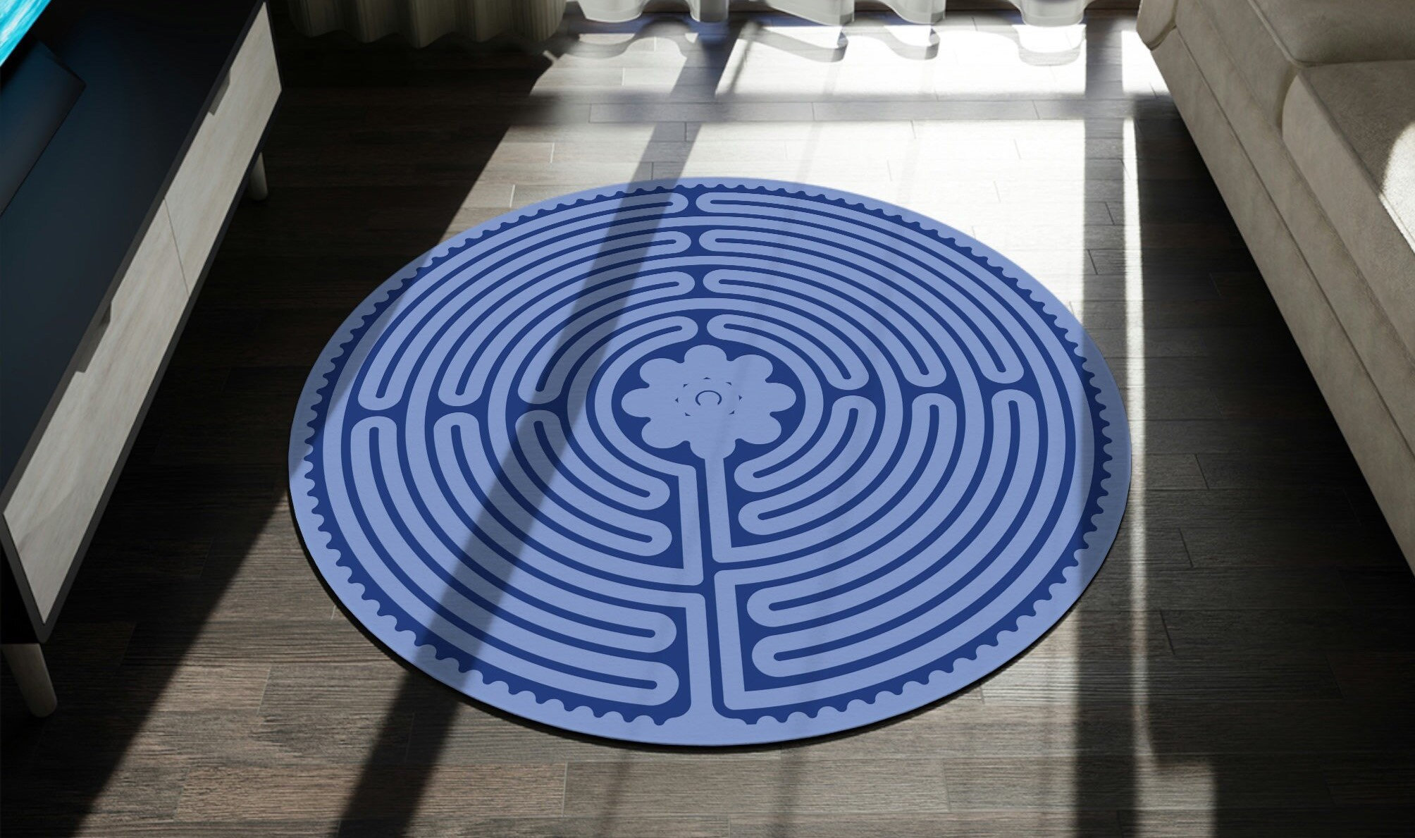 Circular Rug Traceable 2 Tone Navy Blue Labyrinth Round Rug, Meditation Yoga Rug, Breathing ...
