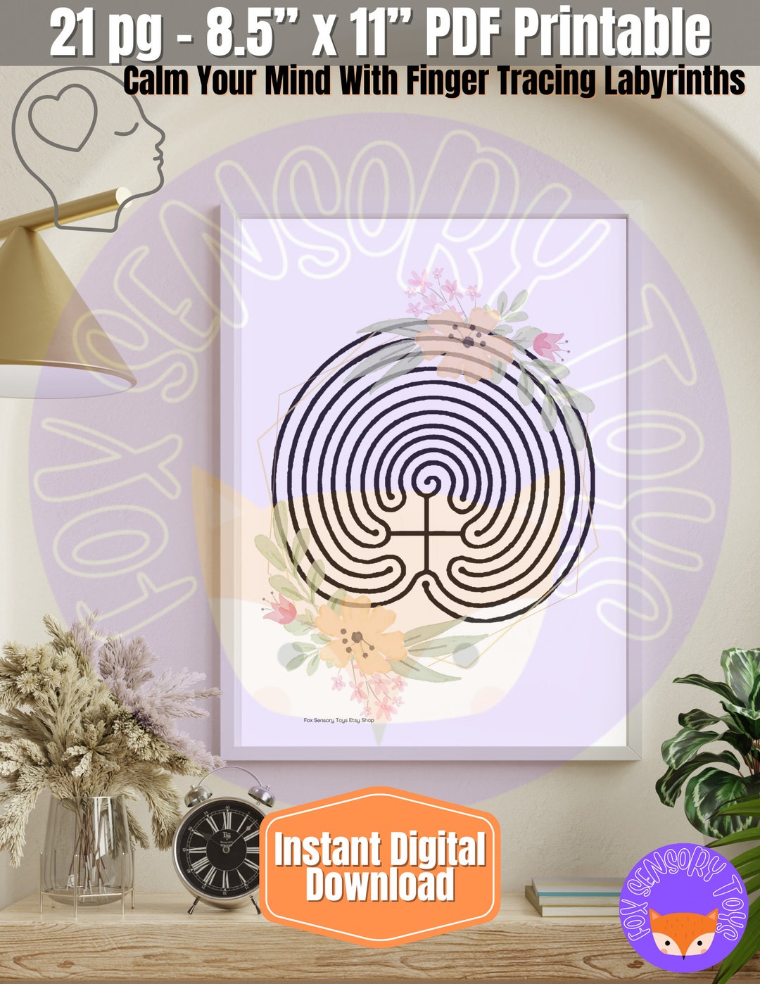 Labyrinth Finger Tracing Calming Cards, Floral Meditation Printable ...