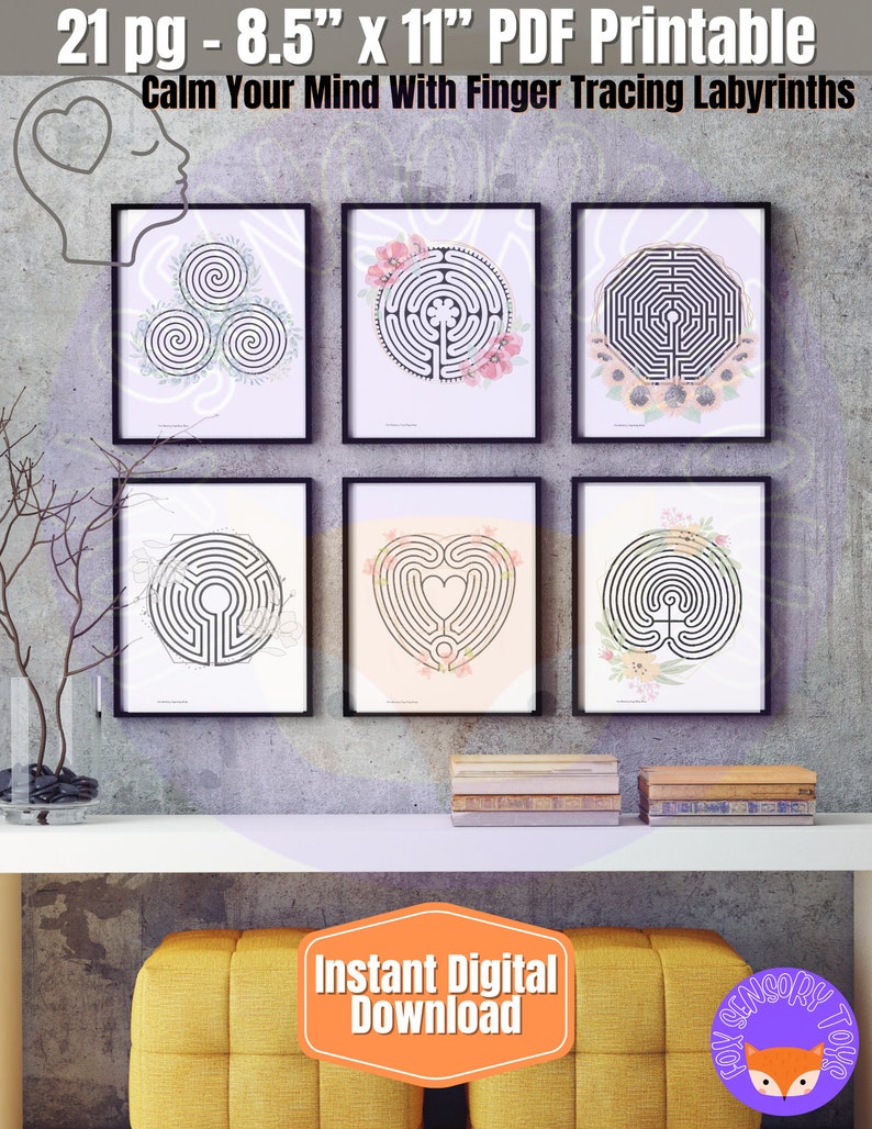 Labyrinth Finger Tracing Calming Cards, Floral Meditation Printable ...