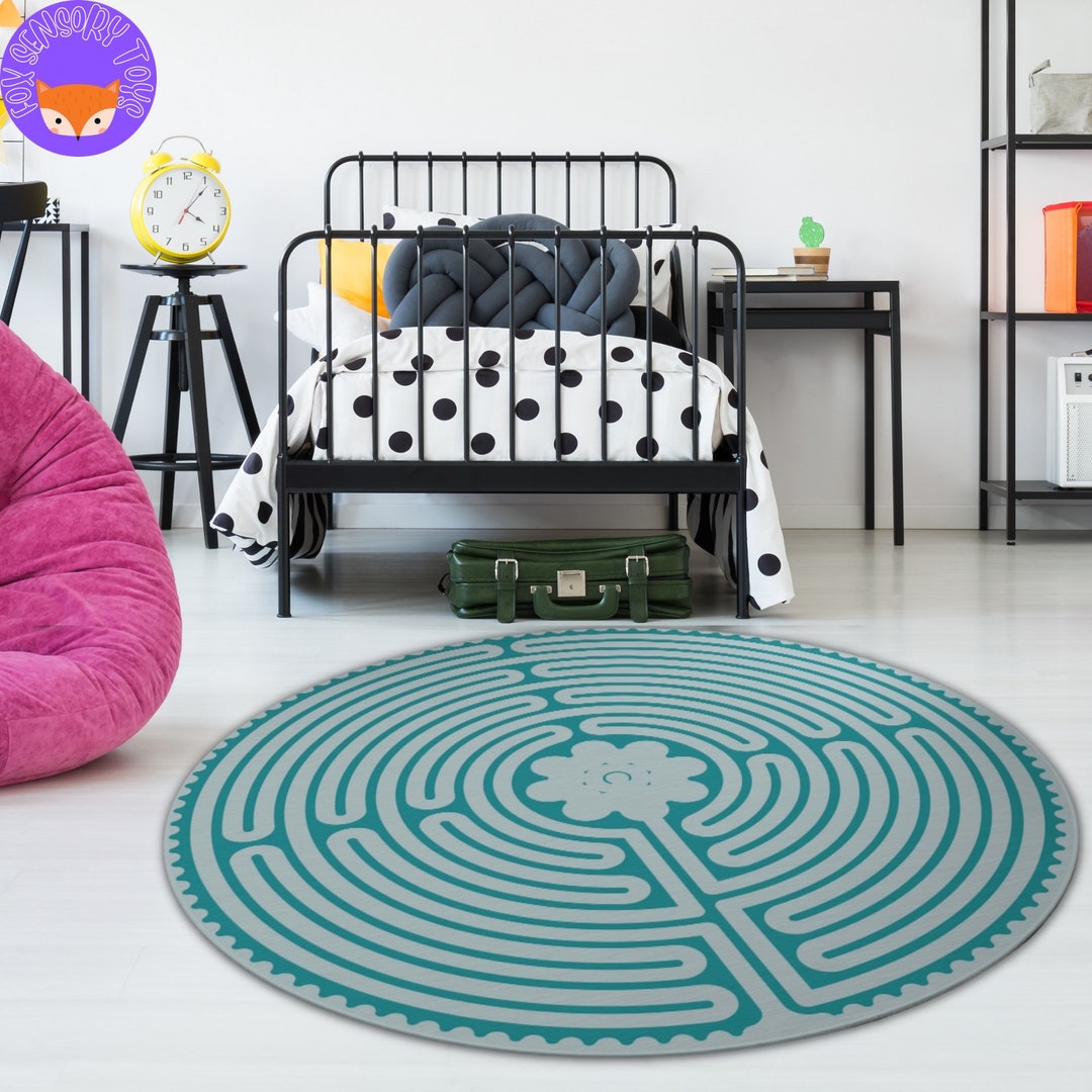 Blue Labyrinth Round Rug, Meditation Yoga Rug, Breathing Exercise Rug